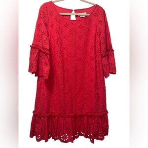 Anthropologie Dani Lace Eyelet Coral Pink Drop Waist Dress Size 10